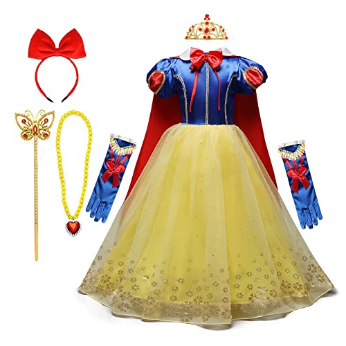 Rexreii Girls Princess Snow White Costume Fancy Dress Halloween Christmas Party Birthday Evening Gown W/Cloak Headband Accessories 5-6T #TOP13