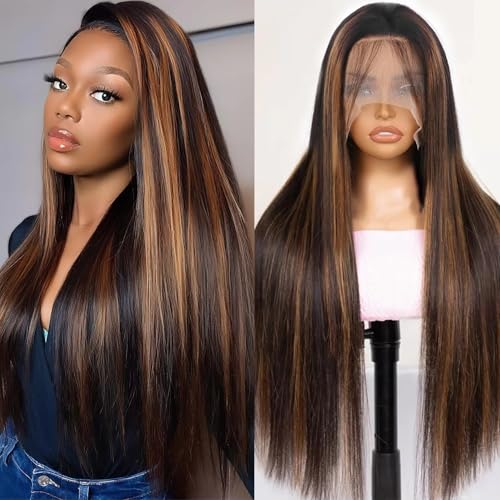 Cypha 1B/30 Ombre Lace Front Wig Human Hair Straight 13x6 HD Lace Frontal Wigs Human Hair Pre Plucked 180% Density Highlight Lace Front Colored Wig Human Hair 28 Inch 28 Inch 1B/30 wig