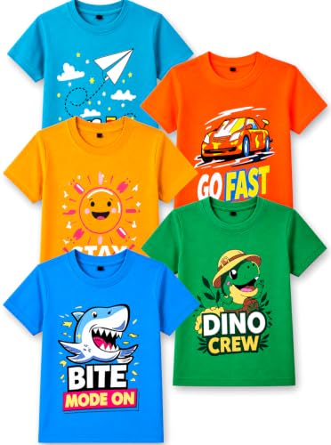 Image of T2F Boys Cotton Regular fit T-Shirts Pack of 5 |Soft Cotton Breathable Fabric | Half Sleeve Round Neck | Casual Wear Combo | Kids Clothing
