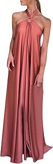 Women's Sleeveless Cutout Halter Neck Satin Formal Dress Sexy Backless Pleated Wedding Guest Party Cocktail Maxi Dress