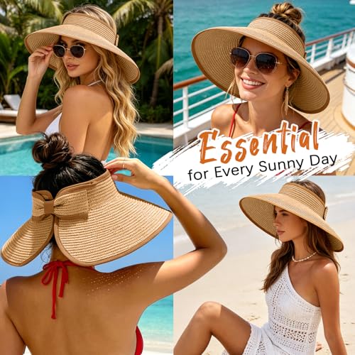 Sun Hats Visor for Women, UV UPF Straw Beach Hat Foldable Wide Brim Ponytail Summer Hats Packable Travel - Image 5