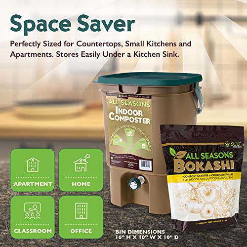 All Seasons Indoor Composter Starter Kit – 5 Gallon Bio Plastic Compost Bin for Kitchen Countertop with Lid, Spigot & 1 Gallon (2 lbs.) Bag of Dry Bokashi Bran – by SCD Probiotics (Dark Tan)