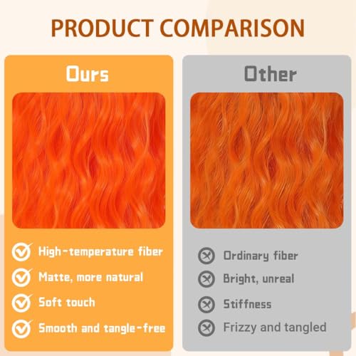 Image of Pastel Bright Orange Wavy Bob Wig for Women, Short Shoulder Length Synthetic Wig with Bangs, Matte Natural Realistic Look Lightweight Hairpiece, Orange Color for Gift & Cosplay Costume