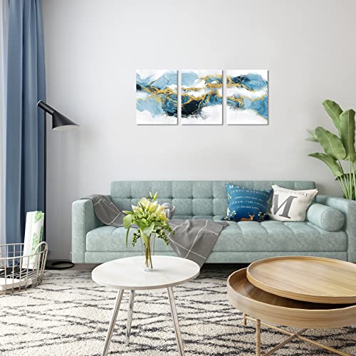 Sycdeor Abstract Canvas Wall Art Blue Fantasy Modern Paintings With Gold Foil For Living Room Bedroom 3 Panels (12"X16") #TOP4