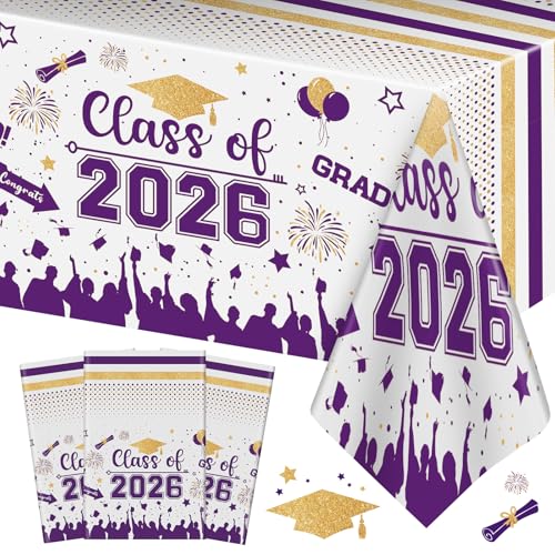 Image of Graduation Decorations Class of 2026 Tablecloth - 3 Pcs Plastic Congrats Grad Table Cloth, Graduation Table Cover for Graduations Party Decorations 2026 and Party Supplies, 54 inchx108 inch (Purple and Gold)