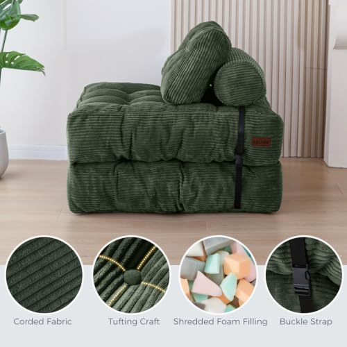 Image of MAXYOYO Folding Sofa Bed, Convertible Chair Bed with Pillow | Foldable Couch with Back Support, Portable Fold Out Chair Comfy Floor Sofa for Living Room Bedroom, Dark Green, Single