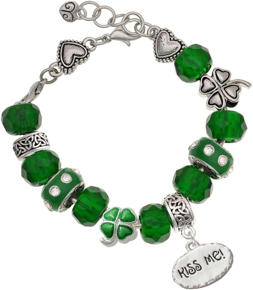 Delight Jewelry Silvertone Kiss Me ''I'm Magically Delicious'' - Green Irish Luck Bead Charm Bracelet, 7.5"
