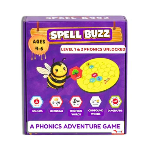 Image of CocoMoco Kids Spell Buzz Phonics Game Level 1 and 2, Learn to Read, 4-6 Year Old Boys and Girls | Word Spelling & Phonics Board Game | Educational Learning Toy, Birthday Return Gift for Kids