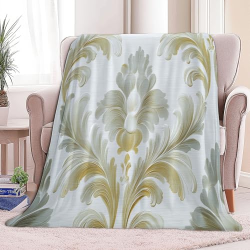 Kuscheldecke Flanelldecke 220 x 240 cm Barock-Stil Brokat Flauschig Weich Warm Tagesdecke, Weiß Plüsch Wohndecke Fleecedecke Für Kinder Erwachsene Winter Weiche Decke