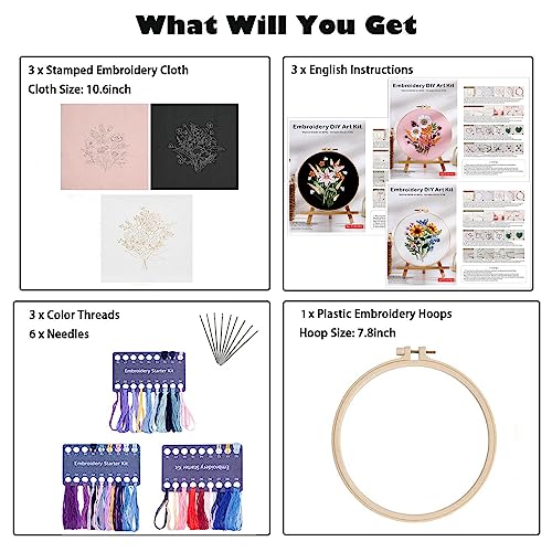 Image of GLTAYLMY Embroidery Kit for Beginners Adults,3 Pack Cross Stitch Kits with 1 Plastic Embroidery Hoops,Needles and Color Threads,Needlepoint Kit for Hand Embroidery Starter
