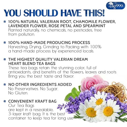 Image of TOG999, Premium Valerian Dream Tea Bags | 60 Count | Herbal Blend with Valerian Root, Chamomile, Lavender, Rose Petal & Spearmint | Naturally Caffeine-Free, Relaxing Evening Tea. Vegan.