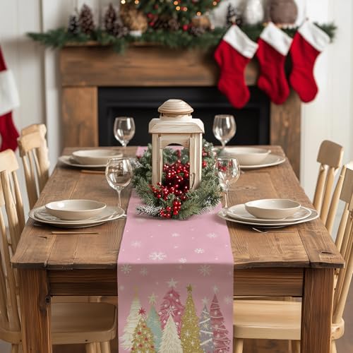 GEEORY Christmas Table Runner 13x36 Inch, Xmas Trees Snowflakes Holiday Decorative Farmhouse Table Decoration for Kitchen Dinning, Indoor Outdoor Dinner Party Decor (Pink) GT153-36 by GEEORY - Image 3