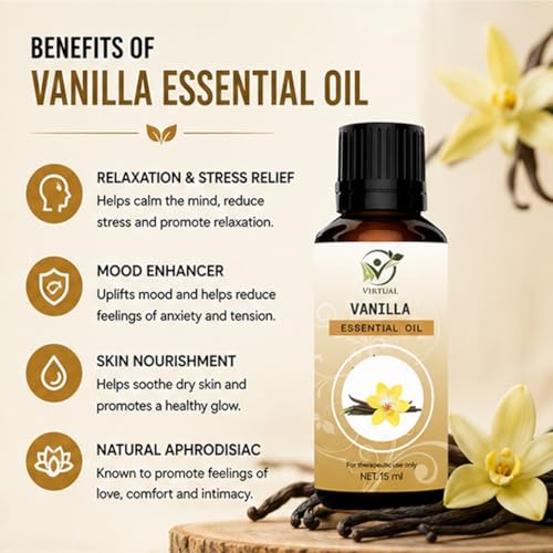 Image of VIRTUAL Vanilla Essential Oil 15ml Pure Aromatherapy Essential Oil for Diffuser Massage Spa Relaxation Home Fragrance and Wellness