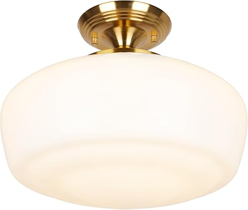 Miniatura 13 de Lámpara de techo semiempotrada estilo colegial, lámpara de techo moderna dorada de 12 pulgadas con pantalla de vidrio de leche de ópalo de latón,