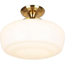 Large Schoolhouse Style Semi Flush Mount Ceiling Light Fixture, 14" Modern Gold Hallway Ceiling Lamp with Opal Milk Glass Shade Brass, Farmhouse Globe Light for Bedroom Kitchen Hallway Entryway