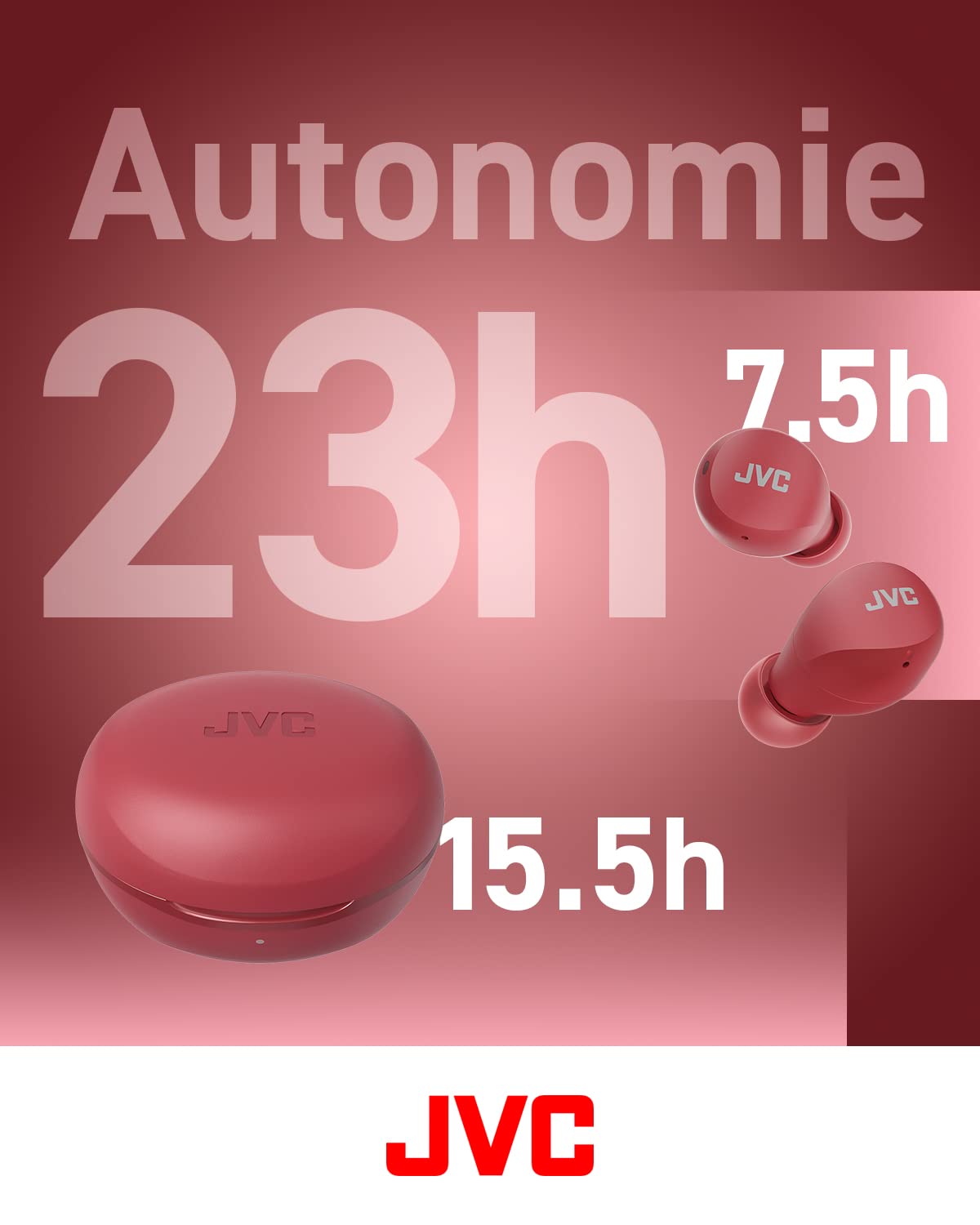 JVC Mini casque sans fil Gumy - Casque Bluetooth (5.1) petit et léger, avec 3 modes audio, résistance à l'eau (IPX4) et batterie 23 heures. Écouteurs pour le sport et la maison - HA-Z66T-R
