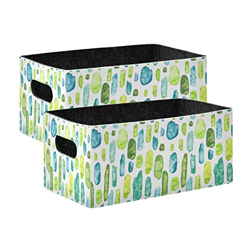 Oyihfvs Abstract Seamless Pattern with Watercolor Blue and Green Splashes 2 PCs Rectangle Foldable Felt Storage Bin, Collapsible Cube with Handles Thick Fabric Box Organizer Clothes Supplies for Home