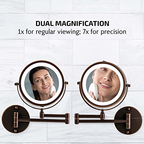 Image of OVENTE 7 inch Wall Mounted Lighted Makeup Mirror, Antique Bronze MFW70ABZ1X7X | Cordless Double Sided 1X /7X Magnifying Mirror for Bathroom with LED Lights, 360 Rotation, Extendable Arm, Battery Operated