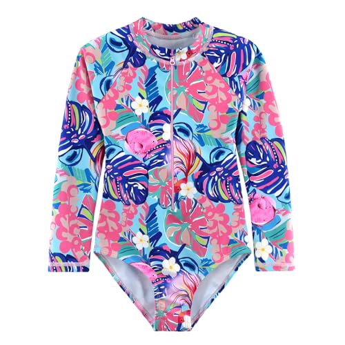 Image of Kids Girls Rash Guard Long Sleeve One Piece Swimsuits Zipper Bathing Suits UPF 50+ Tropical Plant Flowers Ages 3-12