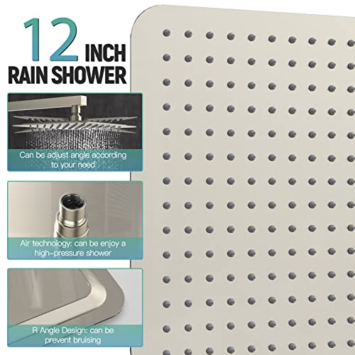 Sr Sun Rise Shower System With Push Button Diverter Bathroom Luxury 12 Inch Rain Shower Head With Handheld Spray, High Pressure Shower Faucet Combo Set With Rough-In Valve & Trims, Brushed Nickel #TOP2