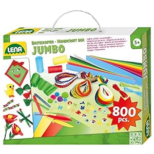 Lena 42629 Bastelkoffer mit vielfältigem Material zum Basteln, mit Moosgummi, Buntpapier, Perlen, Pompon, Satinbänder, Knöpfe, Kulleraugen und vielem mehr, ab 5 Jahre, Jumbo 800er Bunt, 800 Teile