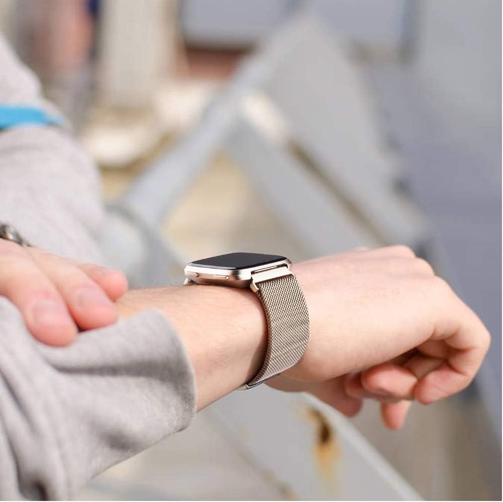 Pack 2 Metal Loop Bands Compatible for Fitbit Versa 2 / Fitbit Versa SE/Fitbit Versa Lite, Stainless Steel Mesh Breathable Wristband with Adjustable Magnet Lock (Silver + Champagne Gold, Small)
