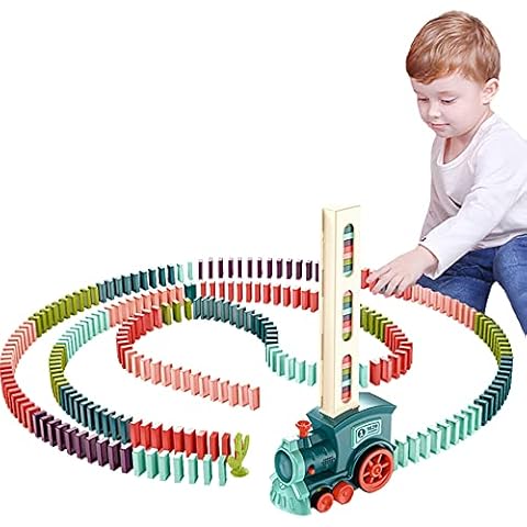 Foreverup Domino Train Toy Set, 80PCS Domino Train Blocks Set, Automatic Domino Laying Electric Train with Sound and Light, Kids Construction and Stacking Toys for Boys Girls (Blue) Cover