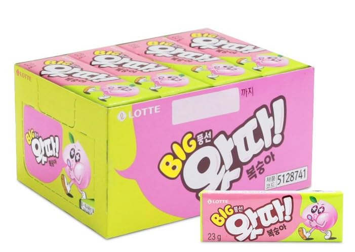 LOTTE WATTA PEACH Big BUBBLE GUM, 23g x 16 Count Multi-Pack – Fruity, Sweet & Long-Lasting Chewy Korean Gum