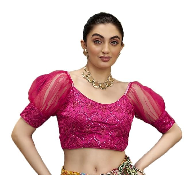 Pujia Mills Womens Net Fabrics Round Neck Puff Sleeve Blouse (Pink, 36)