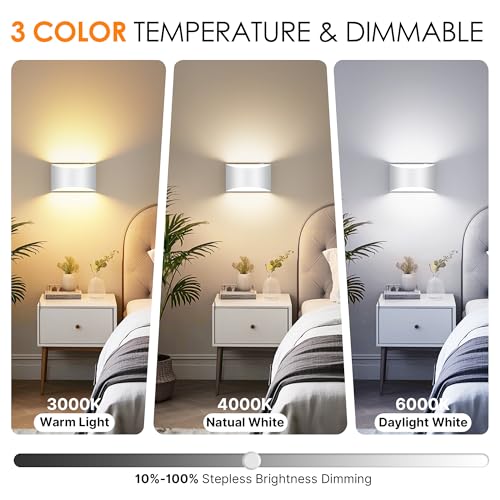 Image of FOLKSMATE Battery Operated Wall Sconces Set of 2, White Rechargeable Remote & Touch Wall Lamps, 3 Color Temperatures, Dimmable Lamp for Bedroom, Living Room, Hallway