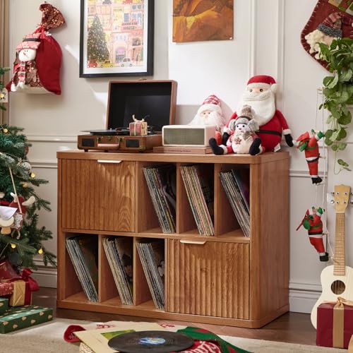 Image of LEYAOYAO Large Record Player Stand with Vinyl Storage Up to 450 Albums, Wood Fluted Boho Record Storage Accent Cabinet, Modern Stereo Media Cabinets, Wide Turntable Stand for Living Room, Tea Brown
