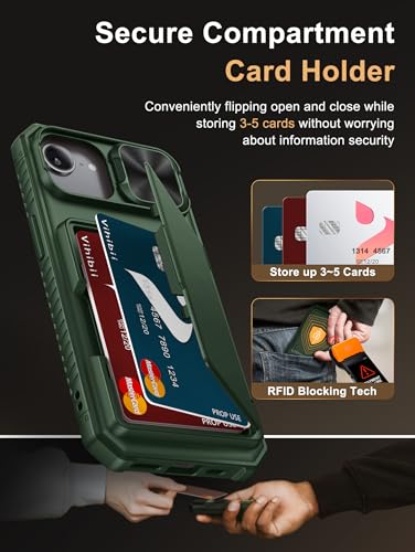 Image of Vihibii for iPhone 16e Back Cover Wallet with Card Holder (4 Cards) [RFID Blocking] & Slide Camera Cover, Military Grade Drop Protection, Rugged Back & Silicone Edge Case for 16e 2025 6.1 inch, Green