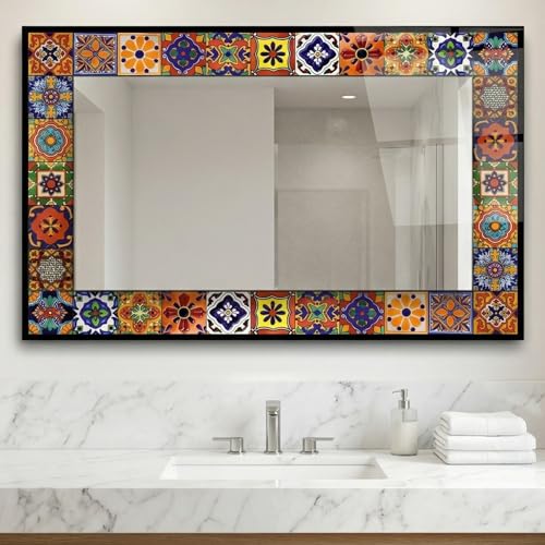 Ferozzi Tempered Glass Wall Mirror, Rectangular Tile Pattern Decorative Mirror, Vertical or Horizontal Display, Colorful Mediterranean Mosaic Frame, Entryway Living Room Decor, 27.5 x 43.3in (ayvalik)