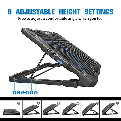 Pccooler Laptop Cooling Pad, Portable Laptop Stand with 6 Angle Adjustable & 5 Quiet Blue LED Fans for 12-17.3 Inch Gaming Laptop, Laptop Cooler Built-in Dual USB Ports Support Mouse, Keyboard Device - Thumbnail 2