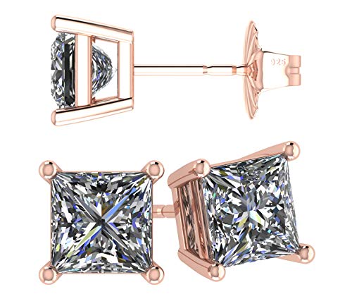 NANA Silver Princess CZ Stud Earrings with 14k Solid Gold Post-5.0mm-1.50cttw-Rose Gold Plated