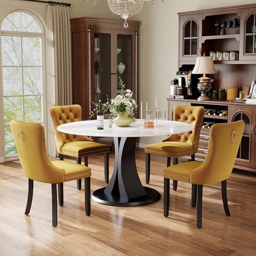 Image of 5-Piece Dining Table Set with 47In Faux Marble Table and 4 Velvet Upholstered Chairs, Modern Scandinavian Furniture for Dining Room Kitchen(Yellow)