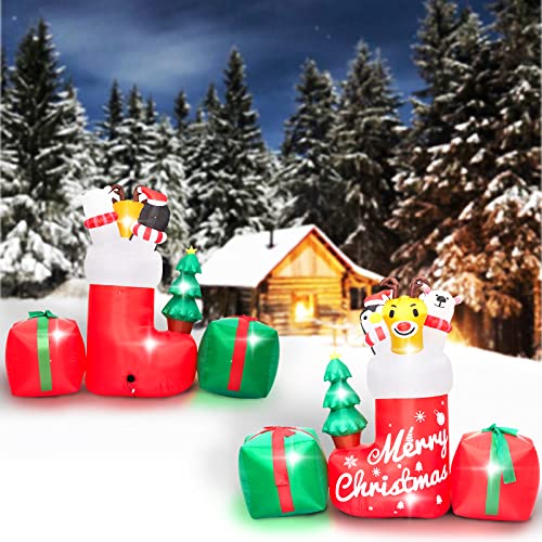 8FT Christmas Inflatable Outdoor Decoration,Inflatable Animal in Xmas Stocking with Gift Box,Lighted Blow Up Animal Standing on Christmas Socks with LED Lights for Christmas Outdoor,Yard Decorations