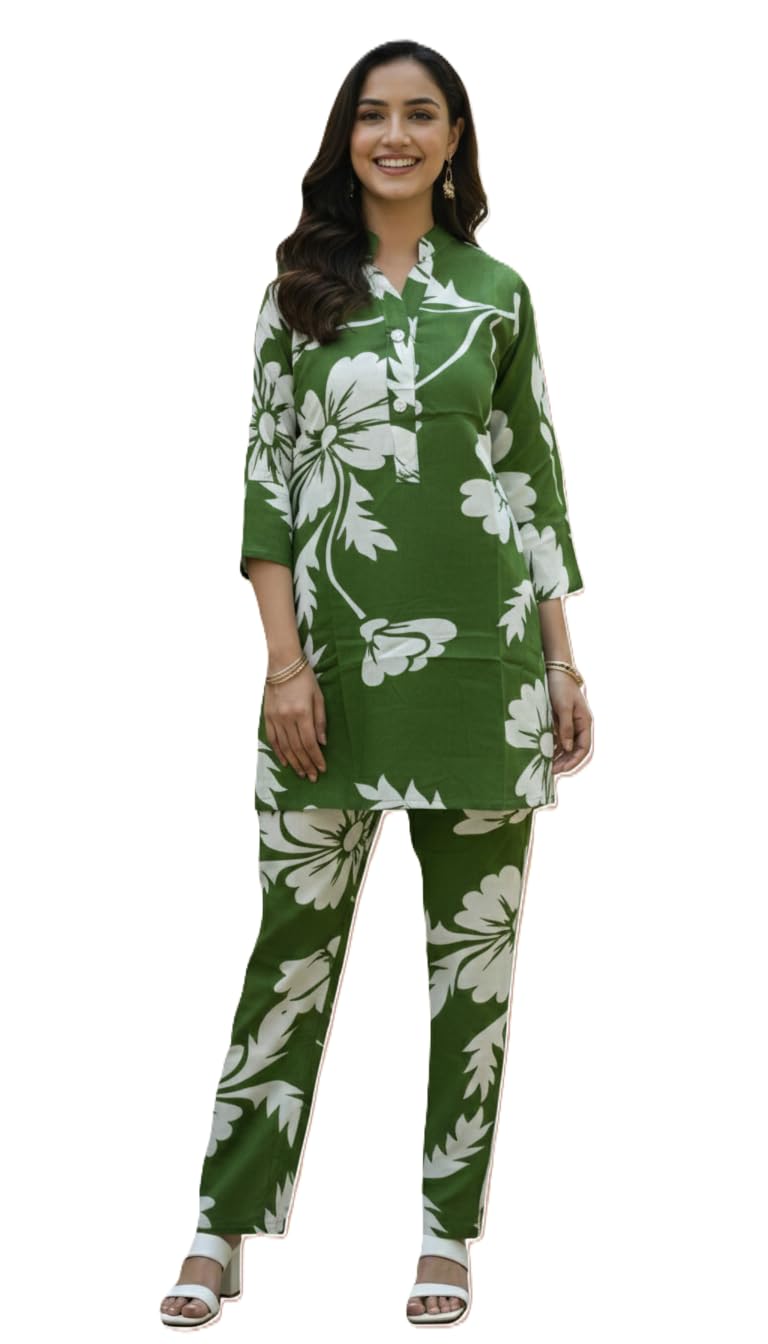 Green Floral Printed Cord Set for Women, 3/4 Sleeve Tunic with Matching Pants, Rayon,Traditional Indian Ethnic Wear, Casual Style-image-13
