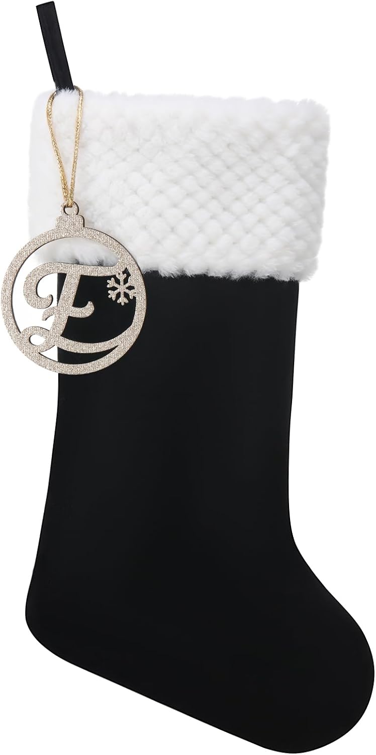 Personalized Black Velvet Christmas Stocking, Gold Wooden Initial | 19.5",plush white faux fur cuff, glittery gold wooden monogram letter ornament tag, family fireplace hanger for holiday decor