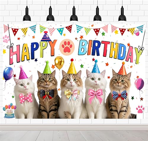 Cute Cat Birthday Decorations Happy Birthday Backdrop Banner for ...