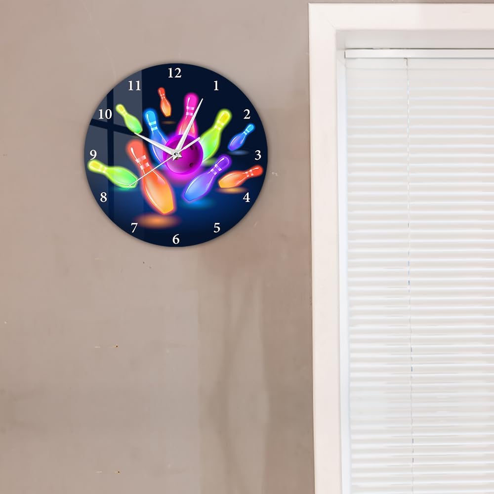 15 Inch Colorful Bowling Ball Wall Clock, Modern Decorative Silent Non Ticking Quartz Battery Operated Round Wall Watch Clock Easy to Read Accurate for Man Cave Bedroom Kitchen Living Room