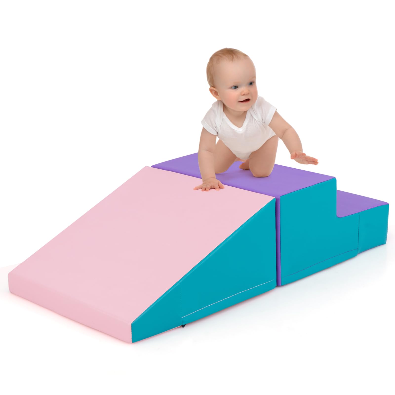 COSTWAY 2PCS Parcours Motricité Bébé en Mousse avec Housse Amovible en PU, Module Motricité Bébé avec Marche & Toboggan, Jouets Éducatifs pour Ramper Grimper pour Enfant d'Âge Préscolaire