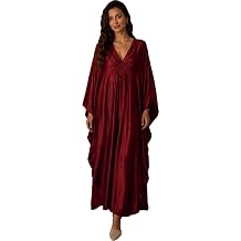 Womens Turkish Caftan Silk Wrinkle Ethnic Print Kaftans Solid Kaftan Dress, Over Sized Caftans Lounge wear Plus Size V Neck Batwing Sleeve Maxi Caftan Swimsuit Beach Cover Up 8784-3
