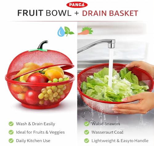 Image of PANCA Fruit Basket for Kitchen Apple Shape with Net Cover | Fruit & Vegetable Storage Stand for Dining Table | Red Fruit Bowl for Home, Kitchen Counter & Daily Use