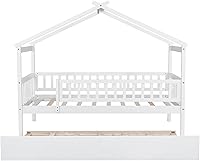 Vista 5 de Cama de casa de tamaño individual de madera Merax con cama corrediza de tamaño individual, marco de cama de madera con techo y barandilla