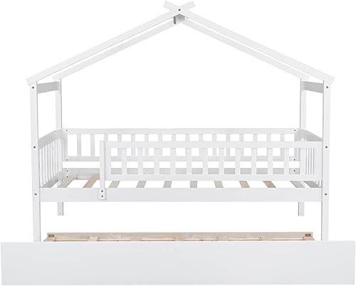 Miniatura 5 de Cama de casa de tamaño individual de madera Merax con cama corrediza de tamaño individual, marco de cama de madera con techo y barandilla de