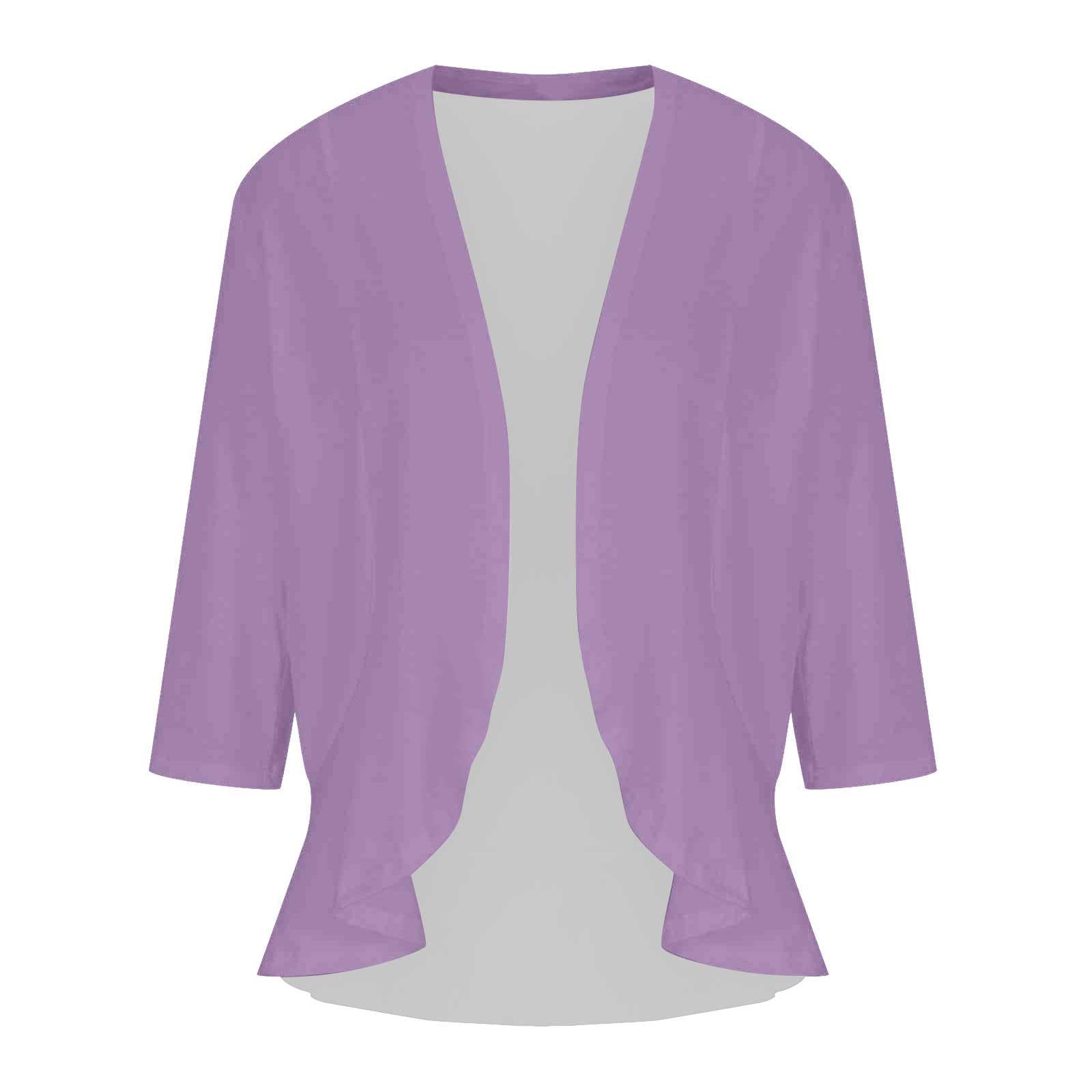 Summer Cardigan Sweater for Women 3/4 Sleeve Lightweight Open Front Casual Ruffle Hem Cardigan Tops with Pockets Purple