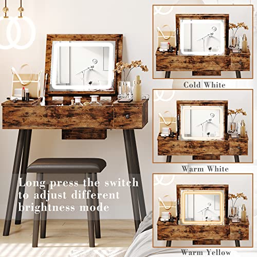 Ironck Vanity Desk Set With Led Lighted Mirror & Power Outlet, Flip Top Makeup Vanity Table With Drawers & Cabinet,For Bedroom, Bathroom, Vintage Brown #TOP2