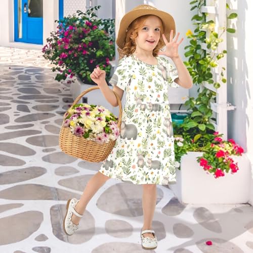 Watercolor Hippo Animals Little Girls Short Sleeve Dress Casual Summer Party Skater Dresses for Kids 2-8T3