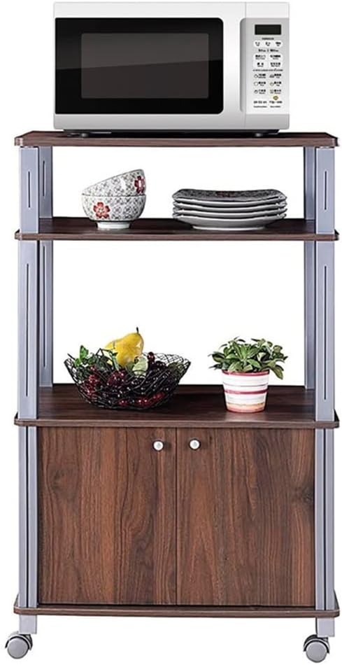 Bakers Rack Microwave Stand Rolling Storage Cart with Wheels 3 Shelves 2-Door Cabinet Waterproof